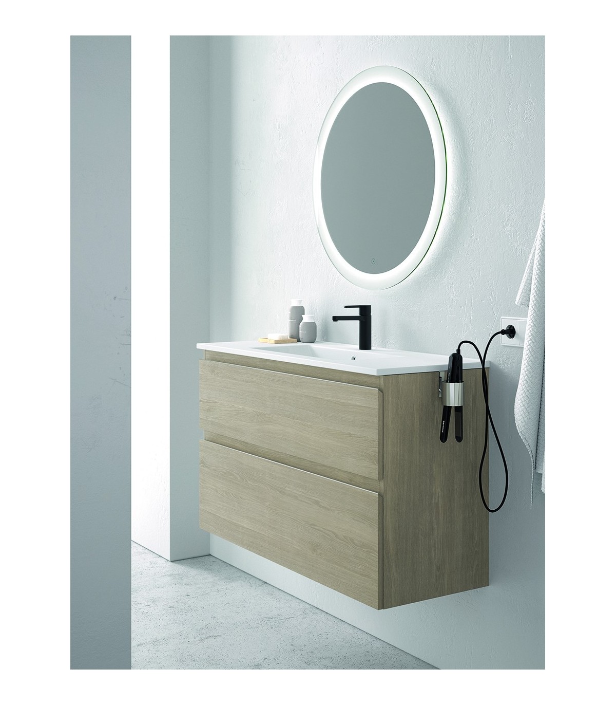 Mueble de baño MIKA. Blanco Brillo Incluye lavabo cerámico y espejo.